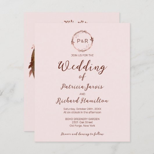 モノグラムミスティバラ予算結婚式招待状 (正面/裏面)