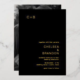 モノグラムミニマリストブラックと金ゴールド結婚写真 箔招待状