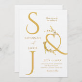 モノグラムミニマリスト白モダンと金ゴールド結婚ズ 招待状 (正面/裏面)