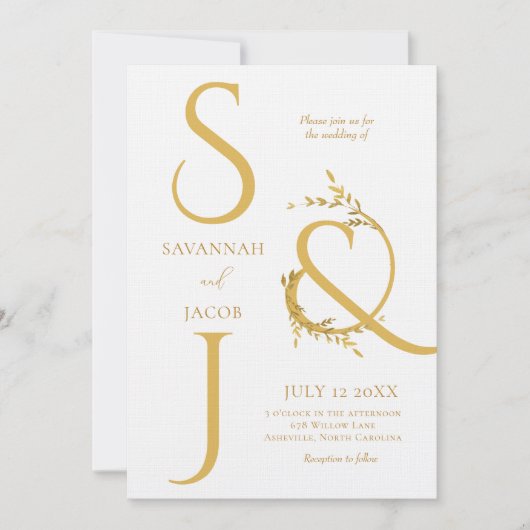モノグラムミニマリスト白モダンと金ゴールド結婚ズ 招待状 (正面)