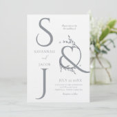 モノグラムミニマリスト白モダン銀結婚ズ 招待状 (スタンド正面)