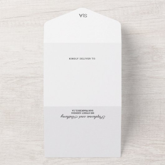 モノグラムミニマリスト白黒ハート結婚ズ オールインワン招待状 (外側)