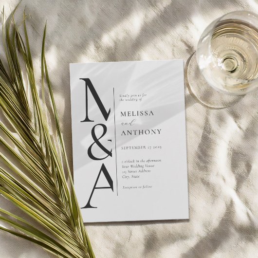 モノグラムミニマリスト白黒モダン結婚ズ 招待状