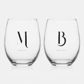 モノグラムミニマルカスタムウェディングカップル名 ステムなしワイングラス (正面)