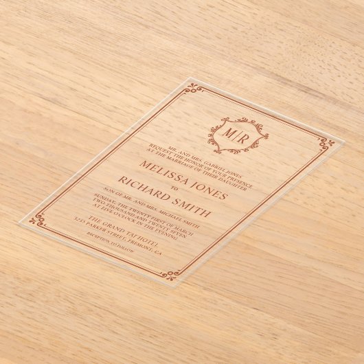 モノグラムミニマルクレストフレームテラコッタ結婚ズ アクリル招待状 (レイダウン)