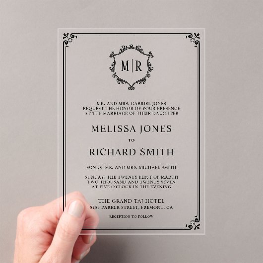 モノグラムミニマルクレストフレームブラック結婚ズ アクリル招待状 (インサイチュ (ポータブル))