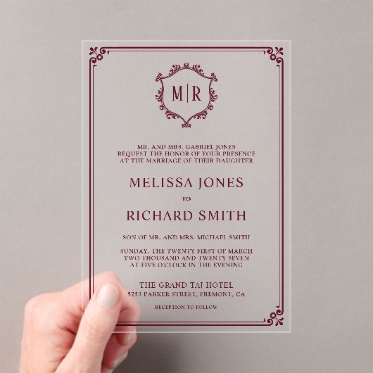 モノグラムミニマルクレストフレームブルゴーニュ結婚ーズ アクリル招待状 (インサイチュ (ポータブル))