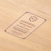 モノグラムミニマルクレストフレームブルゴーニュ結婚ーズ アクリル招待状 (レイダウン)