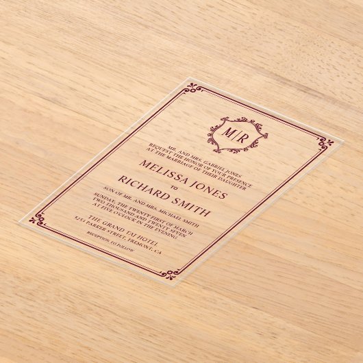 モノグラムミニマルクレストフレームブルゴーニュ結婚ーズ アクリル招待状 (レイダウン)