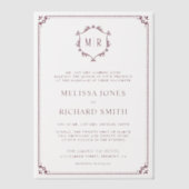 モノグラムミニマルクレストフレームブルゴーニュ結婚ーズ ベラム紙招待状 (正面)