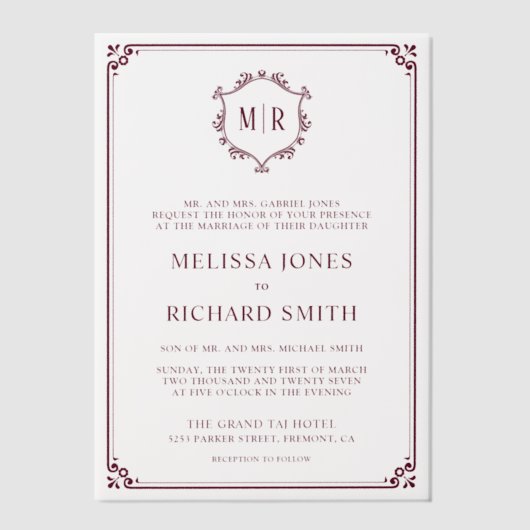 モノグラムミニマルクレストフレームブルゴーニュ結婚ーズ ベラム紙招待状 (正面)