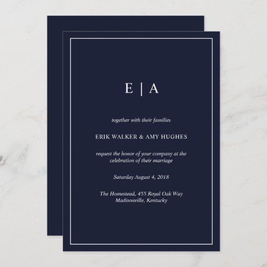 モノグラムミニマルネイビーブルー結婚式招待状 招待状 (正面/裏面)