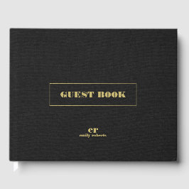モノグラムミニマルブラックリネン金ゴールドタイポグラフィ ゲストブック