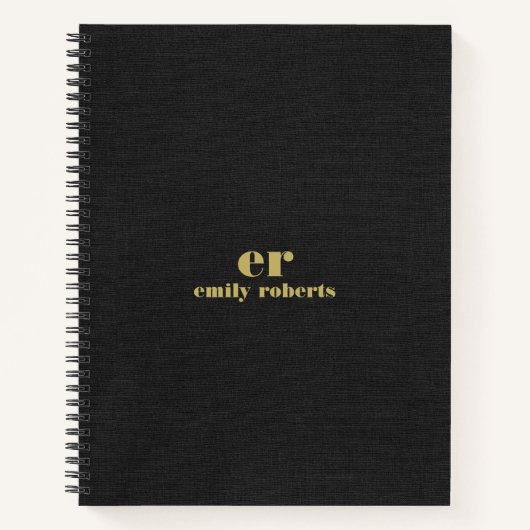 モノグラムミニマルブラックリネン金ゴールドタイポグラフィ ノートブック (正面)