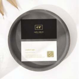 モノグラムミニマルブラックリネン金ゴールドタイポグラフィ 名刺