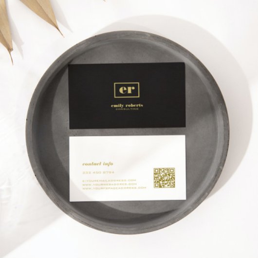 モノグラムミニマルブラックリネン金ゴールドタイポグラフィ 名刺