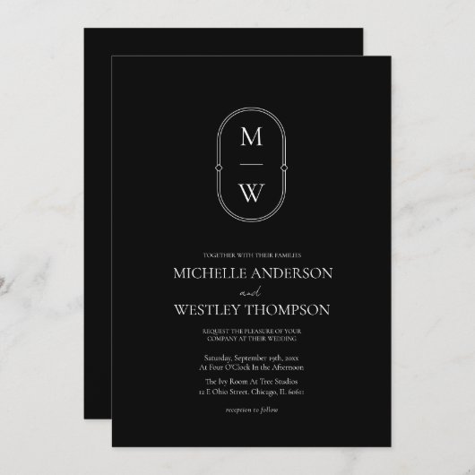モノグラムミニマルブラック&ホワイトオールインワン結婚ズ 招待状 (正面/裏面)