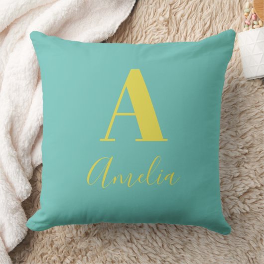 モノグラムミニマル名ティール(緑がかった色)黄 クッション (ブランケット)