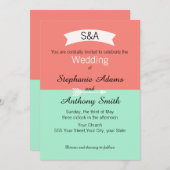 モノグラムミントとコーラルカラーブロック結婚ズ 招待状 (正面/裏面)