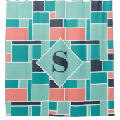 モノグラムミントグリーンコーラルジオメトリックアート シャワーカーテン (正面)