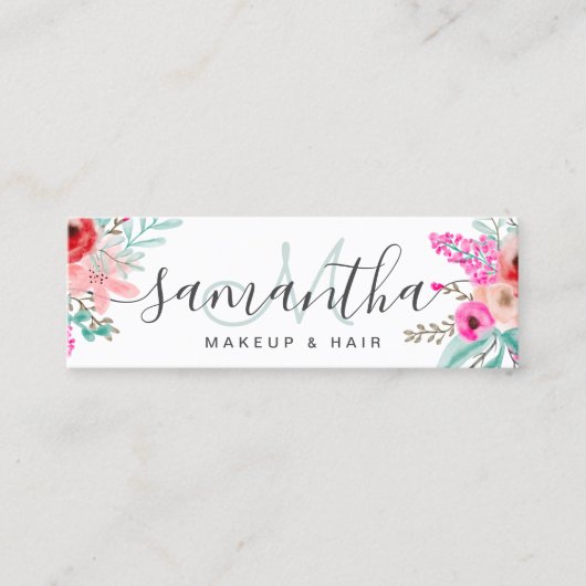 モノグラムミントピンクフローラ水彩花束 スキニー名刺 (正面)