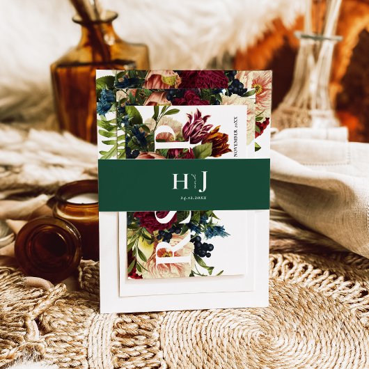 モノグラムムーディバーガンディーエメラルドグリーン結婚ズ 招待状ベリーバンド