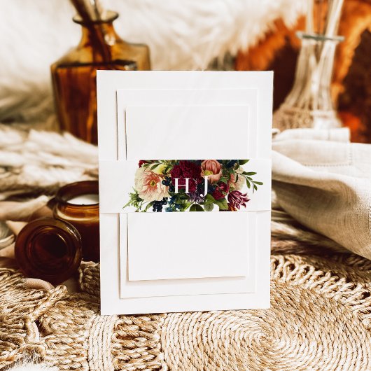 モノグラムムーディバーガンディ宝石結婚フローラ 招待状ベリーバンド