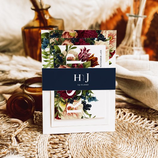 モノグラムムーディブルゴーニュ海軍ブルー結婚ズ 招待状ベリーバンド