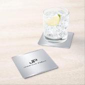モノグラムメタリックシルバールックエレガントテンプレート スクエアペーパーコースター (インサイチュ)
