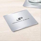 モノグラムメタリックシルバールックエレガントテンプレート スクエアペーパーコースター (アングル)