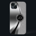 モノグラムメタリックシルバー&ダイヤモンドグリッター iPhone 13ケース<br><div class="desc">シルバートーン光沢のある金属デザイン、ステンレス鋼の白いダイヤモンドのグリッターで見える。ブラックカスタムアクセント付きモノグラムとオプション。zazzle上のすべてのデザインと同様に、これは実際のグリッターや金属仕上げではなく、単なるイメージである。</div>