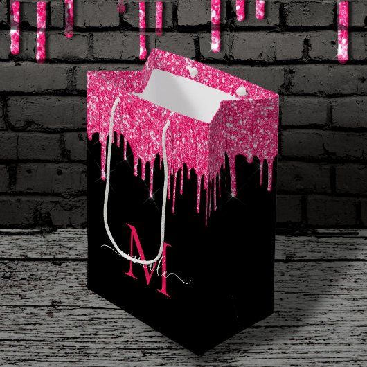 モノグラムメタリックホットピンクドリッピンググリッターブラック ミディアムペーパーバッグ