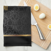 モノグラムメタリック金ゴールド&フローラダマスクパターン キッチンタオル (四つ折り)