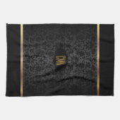 モノグラムメタリック金ゴールド&フローラダマスクパターン キッチンタオル (横)