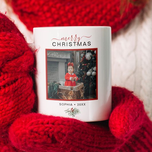 モノグラムメリークリスマスウォーターカラーホリー写真 コーヒーマグカップ