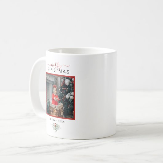 モノグラムメリークリスマスウォーターカラーホリー写真 コーヒーマグカップ (正面左)