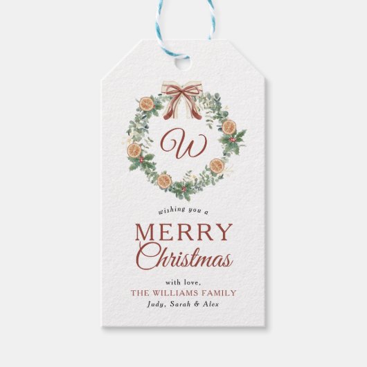 モノグラムメリークリスマスオレンジリース写真 ギフトタグ (正面)