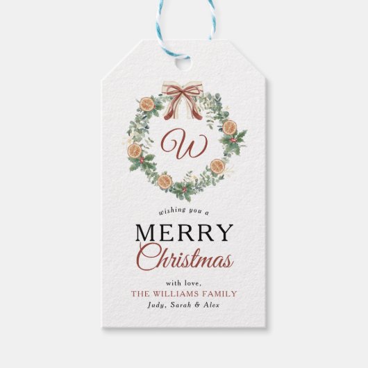 モノグラムメリークリスマスオレンジリース写真 ギフトタグ (正面)