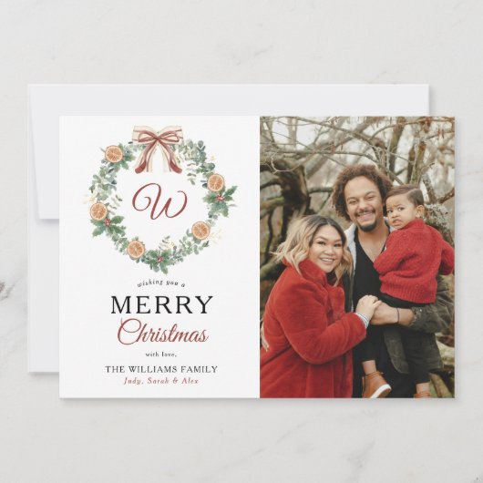 モノグラムメリークリスマスオレンジリース写真 シーズンカード (正面)
