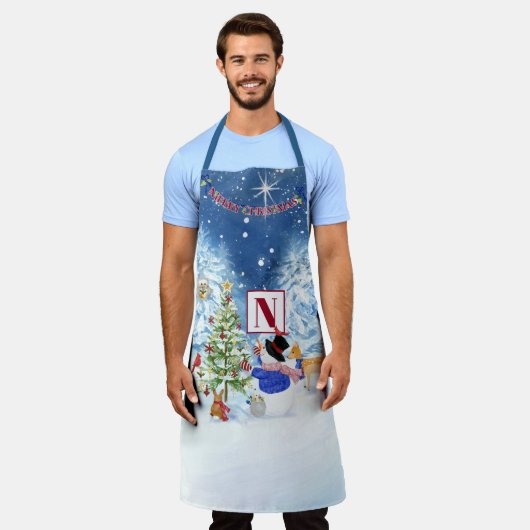 モノグラムメリークリスマス雪だるまスタースノーナイト エプロン (着用した状態)