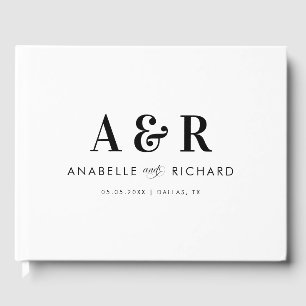 モノグラムモダンとスクリプトのミニマリスト白結婚の ゲストブック