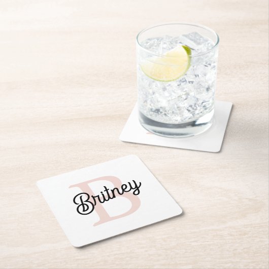 モノグラムモダンとネームPastelピンク スクエアペーパーコースター (インサイチュ)