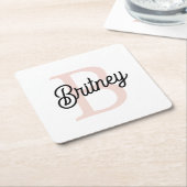モノグラムモダンとネームPastelピンク スクエアペーパーコースター (アングル)
