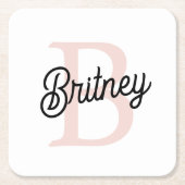 モノグラムモダンとネームPastelピンク スクエアペーパーコースター (正面)