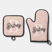 モノグラムモダンとネームPastelピンク 鍋つかみ&鍋敷きセット (正面)