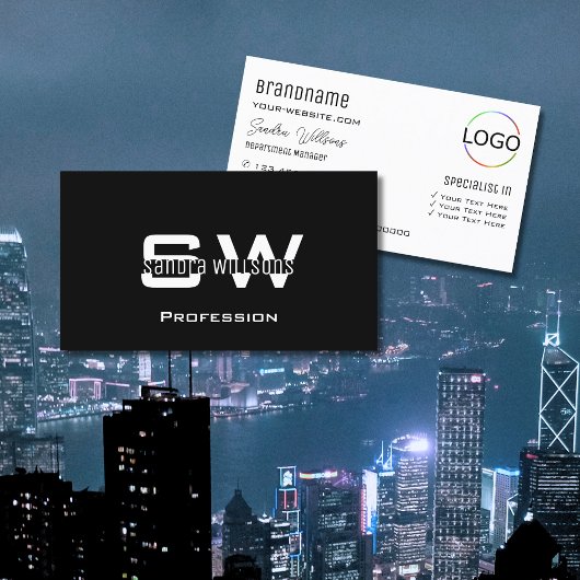 モノグラムモダンとロゴ付きプレーン白黒 名刺