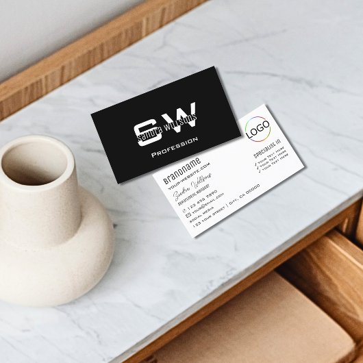 モノグラムモダンとロゴ付きプレーン白黒 名刺
