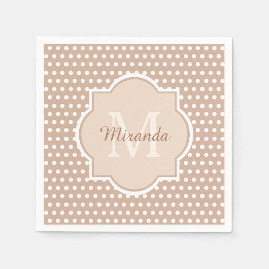 モノグラムモダンと名前のタン水玉模様 スタンダードカクテルナプキン (正面)