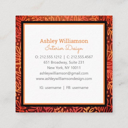 モノグラムモダンのオレンジ色の金ゴールドの葉葉のパターン スクエア名刺 (裏面)