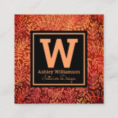 モノグラムモダンのオレンジ色の金ゴールドの葉葉のパターン スクエア名刺 (正面)